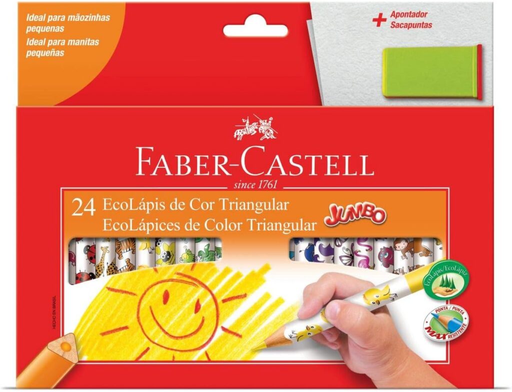 Lápis de Cor Triangular + Apontador, Faber-Castell, EcoLápis Jumbo, 6 Estojos com 24 Cores cada
