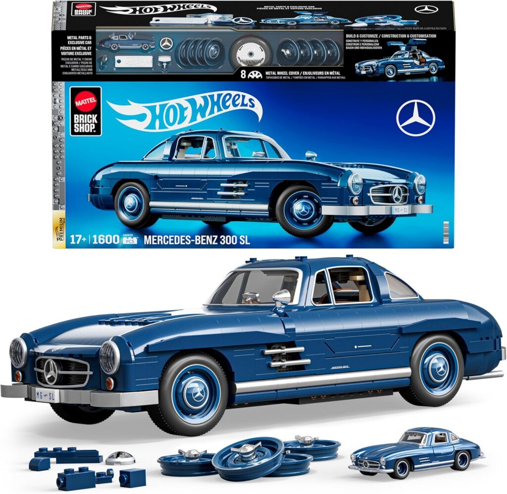 Mattel Brick Shop Hot Wheels Jogo de Construção Premium Mercedes Benz 300 SL modelo montável em escala 1:12 com Placa de Coleção e 1 carrinho de metal Perfeito para colecionadores