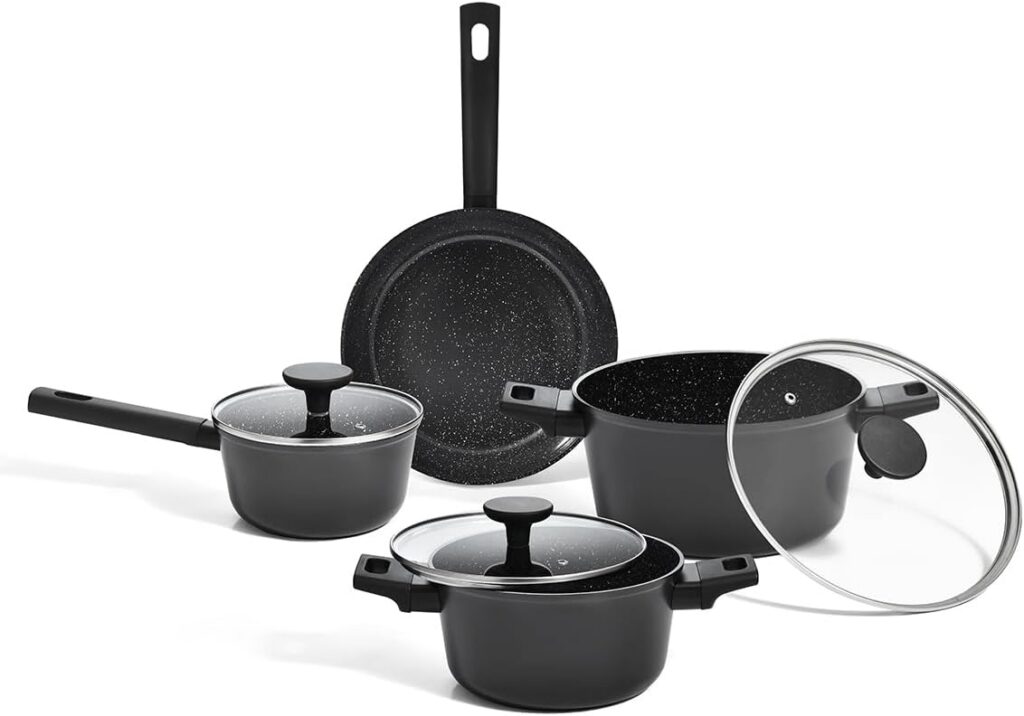 Oikos – Jogo com 4 Panelas Antiaderentes de Revestimento Cerâmico para Fogão por Indução, a Gás, Elétrico e Vitrocerâmico Cor Preta Mou Chia