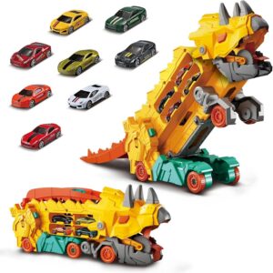 Caminhão Transportador Dinossauro T-Rex: Brinquedo Infantil com Pista de Corrida e Carrinhos (Amarelo)