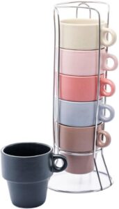 WOLFF – Conjunto 6 Xícaras de Café Empilháveis de Cerâmica com Suporte Coloridas 90ml