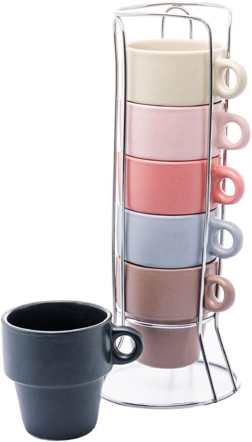 WOLFF – Conjunto 6 Xícaras de Café Empilháveis de Cerâmica com Suporte Coloridas 90ml