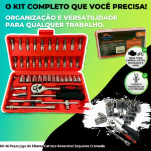 Kit 46 Peças jogo de Chaves Catraca Reversível Soquetes Cromada
